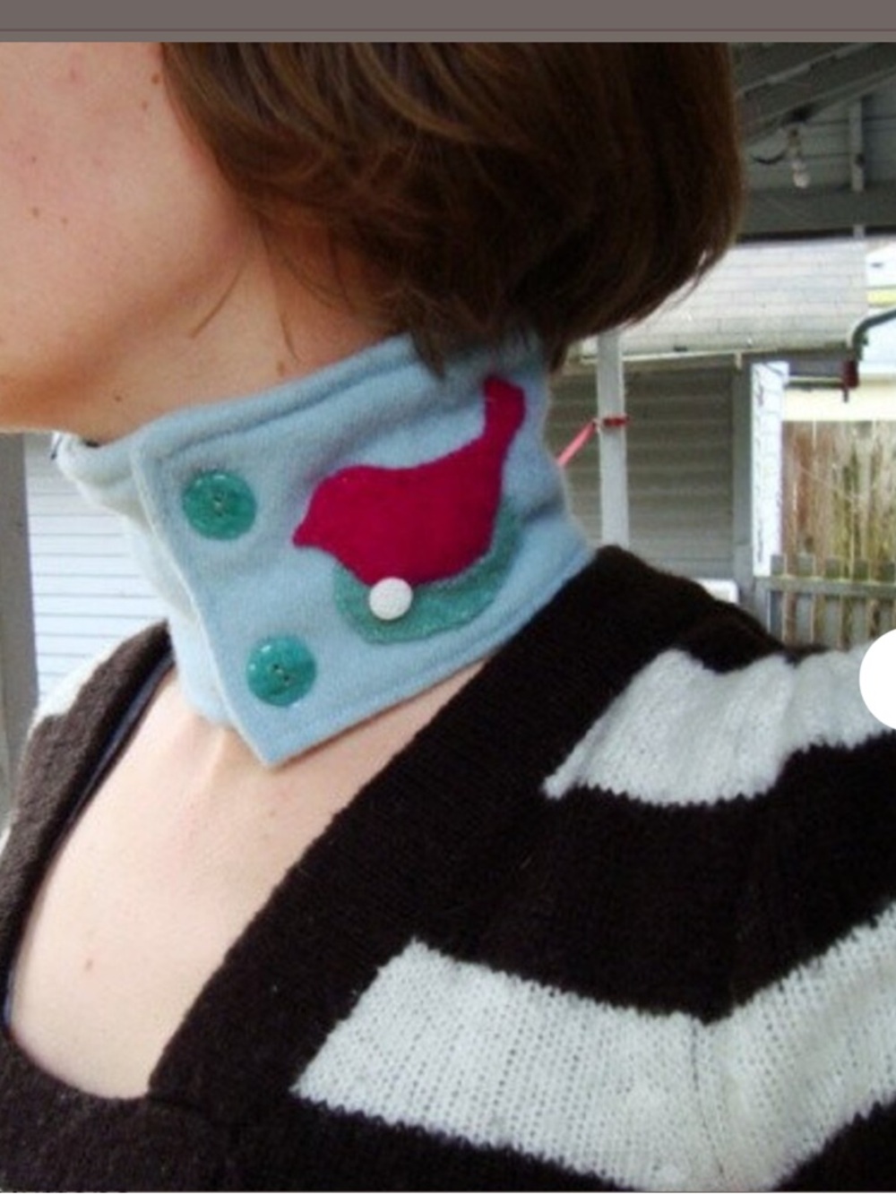 Bird in Nest Upcycled Wool Neckwarmer Featuring Vintage Glass Buttons